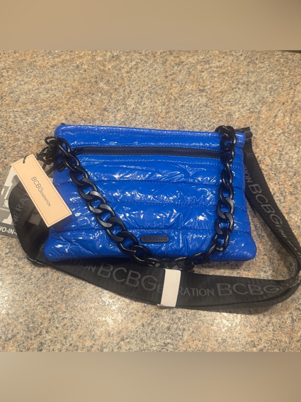 BCBGeneration Electric Blue Quilted Crossbody with Black Chain Strap